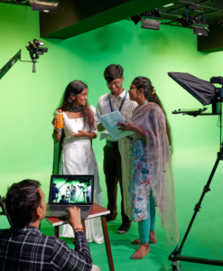 students practicing cinematography during studio shoot