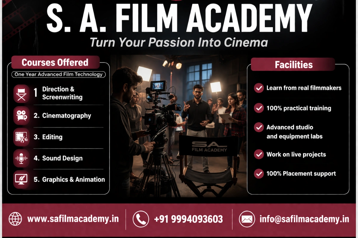 S.A. Film Academy promotional banner featuring One Year Advanced Film Technology courses in direction, cinematography, editing, sound design, graphics, and film set facilities