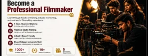 S.A. Film Academy banner detailing Become a Professional Filmmaker 1-year advanced diploma, practical studio training, and Bharathidasan University MoU