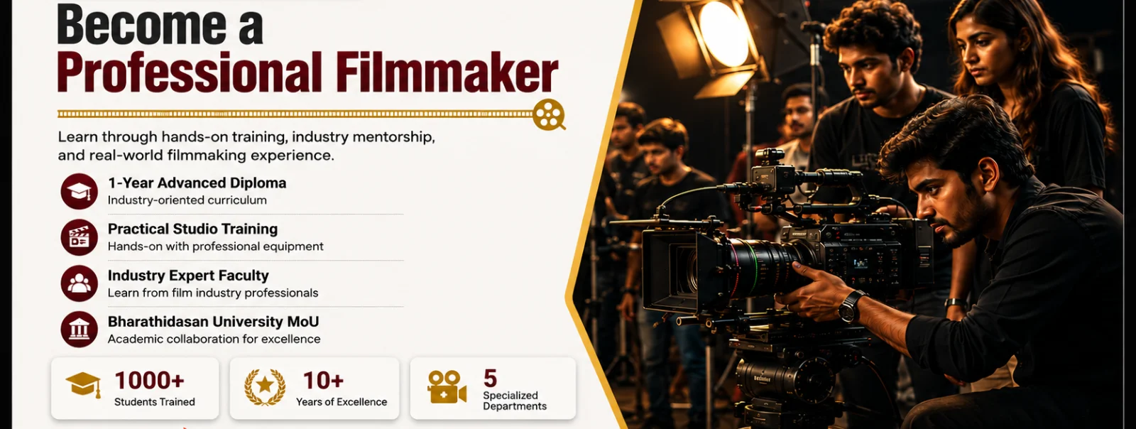 S.A. Film Academy banner detailing Become a Professional Filmmaker 1-year advanced diploma, practical studio training, and Bharathidasan University MoU