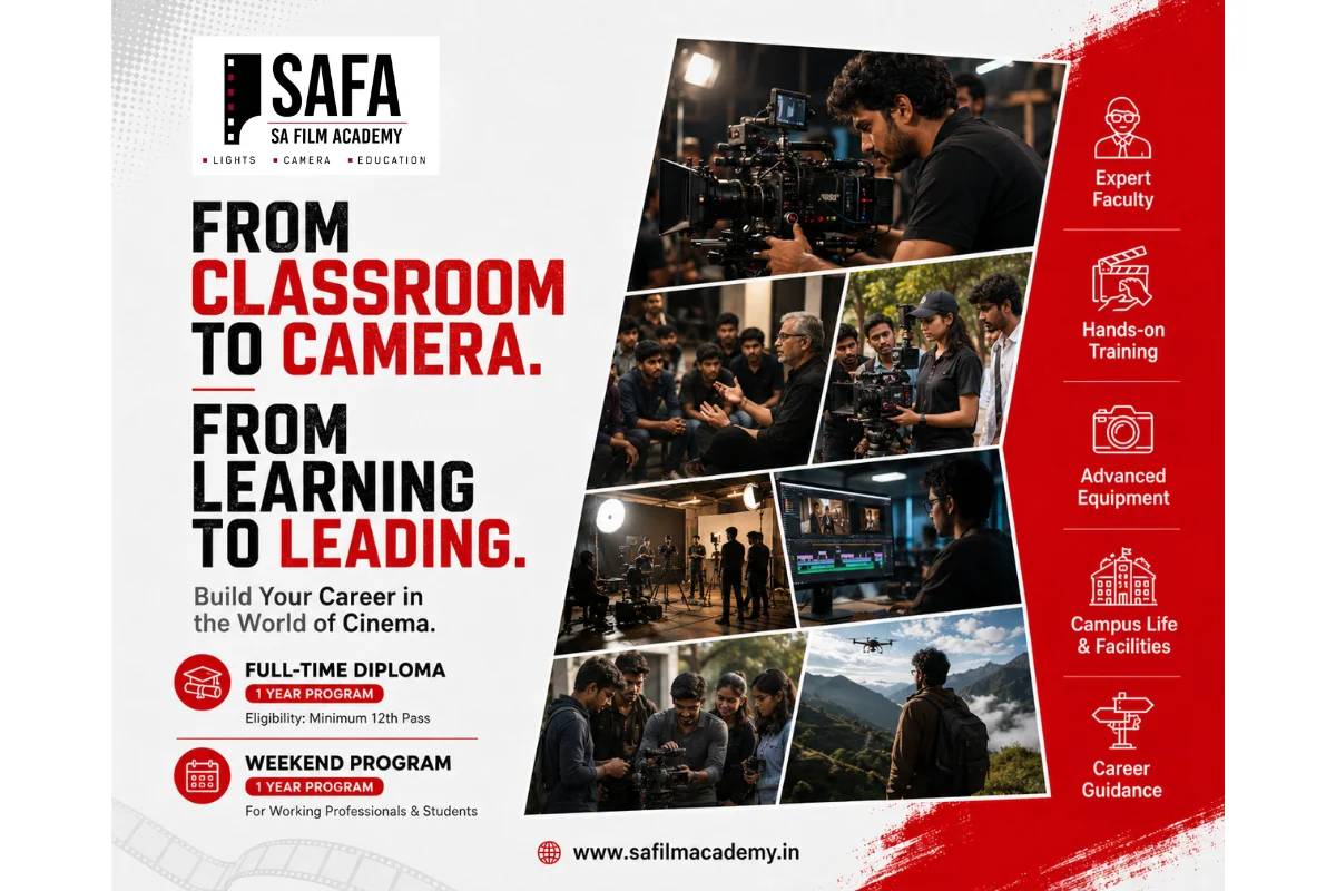 SAFA admission poster From Classroom to Camera featuring full-time and weekend 1-year diploma programs in film technology with hands-on training