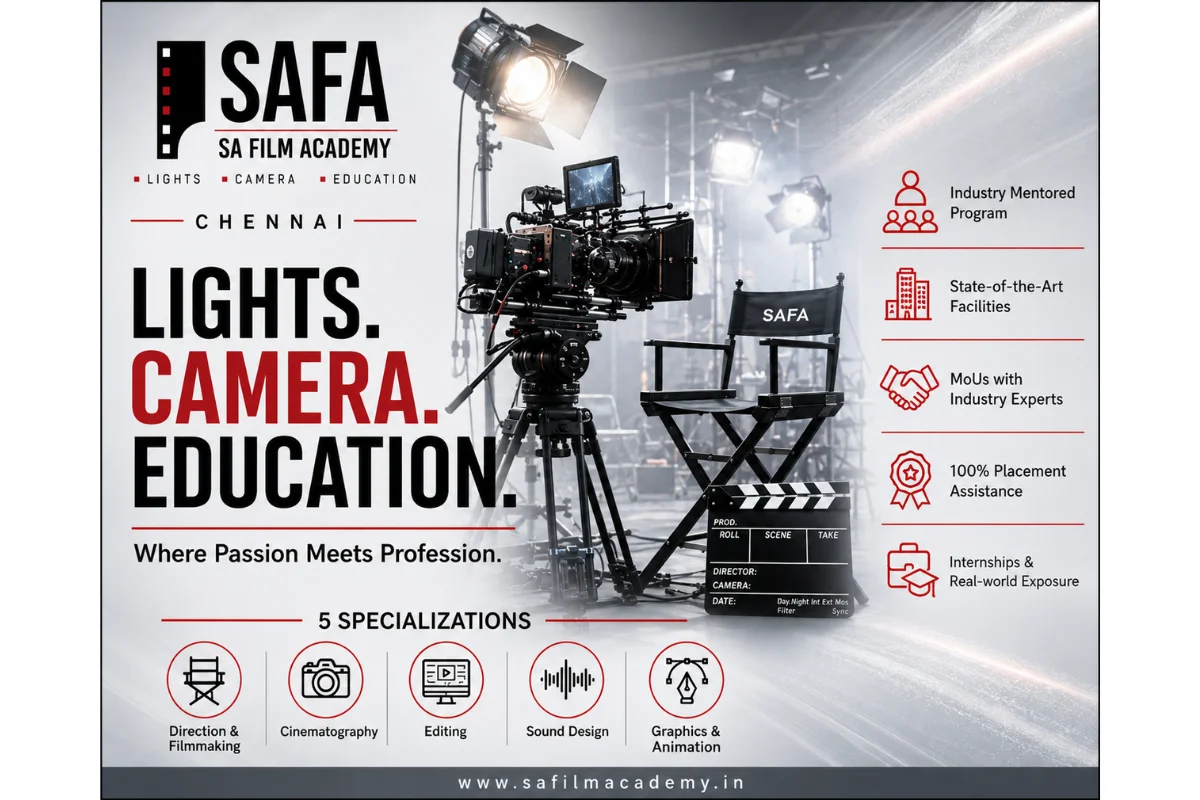 SAFA Chennai poster highlighting Lights Camera Education, studio equipment, clapperboard, director chair, and five filmmaking specializations