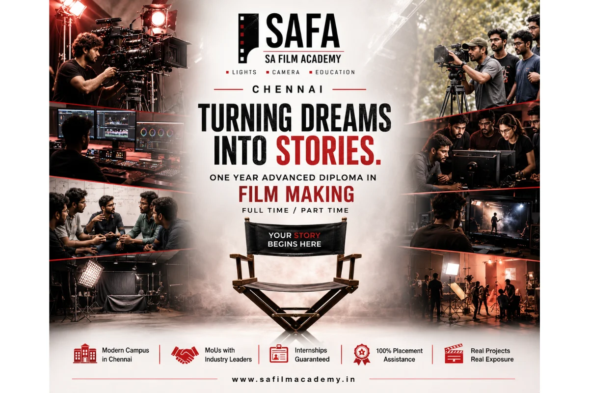 SAFA poster titled Turning Dreams Into Stories featuring a director chair and a collage of students operating professional cinema cameras and editing suites