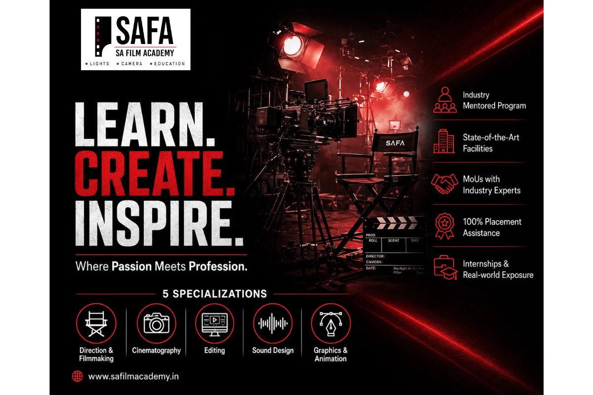 Dark mode poster Learn Create Inspire by SAFA Chennai featuring movie set lighting, cinema camera, director chair, and five core course specializations
