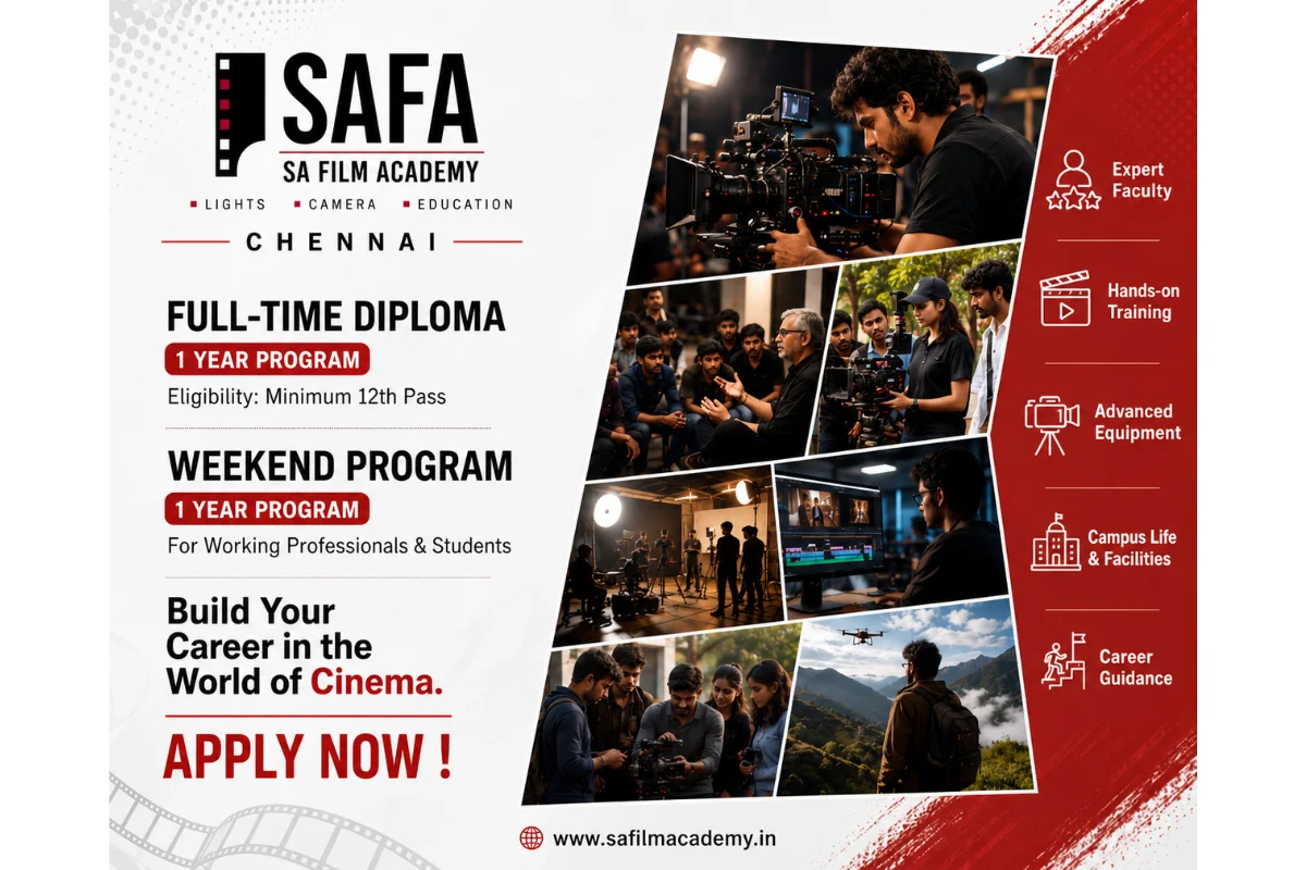 S.A. Film Academy recruitment poster with Apply Now call to action showcasing full-time and weekend filmmaking diplomas in Chennai