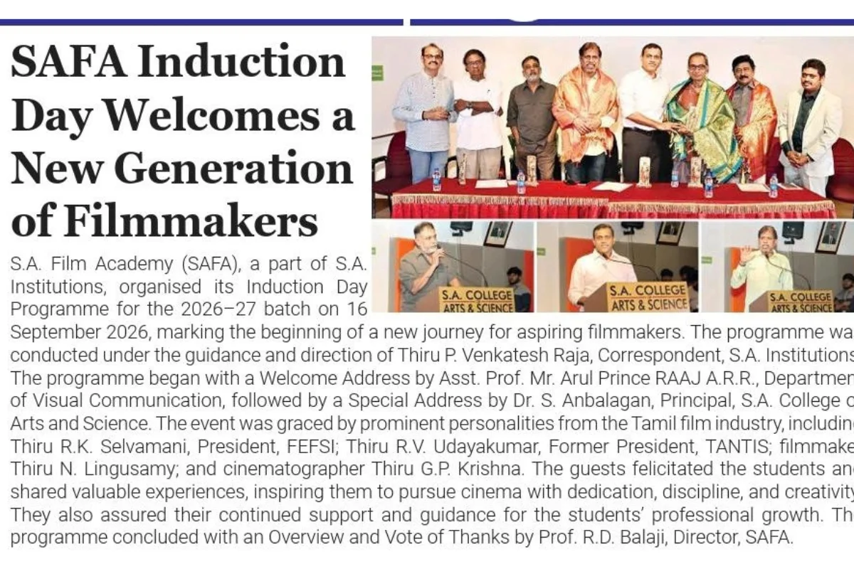 Press clipping of SAFA Induction Day 2026 showing chief guests and film personalities felicitated on stage at S.A. College of Arts and Science