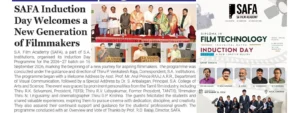 S.A. Film Academy Induction Day 2026 news report paired with Diploma in Film Technology course poster featuring Tamil cinema chief guests